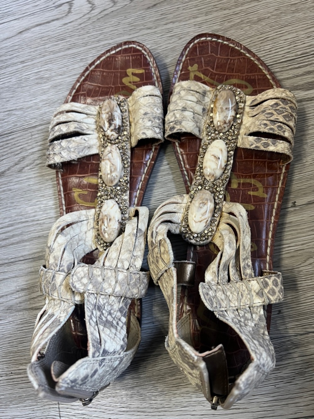 Sam Edelman Ivory Embellished Snake-Pattern Slide Sandals